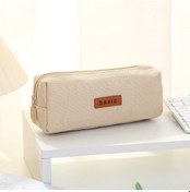 Resim Xindoker Ortaokul Öğrencileri İçin Büyük Kapasiteli Tek Katlı Basit Kare Desenli Saf Pamuklu Kumaş Kalem Çantası - Bej 