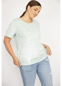 Resim Kadın Yeşil Büyük Beden Pamuk Kumaş Ön Baskılı Kısa Kollu Bluz-yeşil Yeşil 