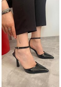 Resim Kadın Siyah Rugan Bilekten Bağlamalı 10 Cm İnce Topuklu Ayakkabı Siyah Rugan 