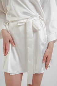 Resim MK MODA ATELİER Kadın Gelin Şık Beyaz Kuşaklı Saten Bride Nakışlı Mini Sabahlık 