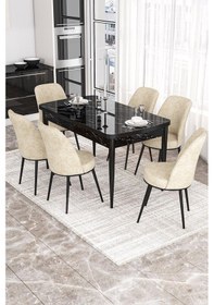 Resim Canisa Concept Kor Serisi, 70x114 Açılabilir Yemek Masası Takımı, Siyah Mermer Desen Masa Ve 6 Krem Sandalye Masa Siyah Mermer Sandalyeler Krem 
