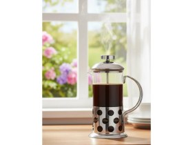Resim Airobazar Kahve Desenli French Press 350 ml | Isıya Dayanıklı Cam & Çelik Filtre 