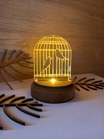 Resim Elfora Pleksi Işıklı Kafes Kuşları 3d Ahşap Taban Hediye Masa Süsü 