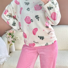 Resim 2 Adet Kadın Sonbahar Kış Sıcak Polar Pijama Takımı, Yuvarlak Yaka Polyester Örgü Kumaş, Şeftali Desenli Rahat Ev Giysileri, Tüm Sezon Konforu, Yetişkinler İçin Sevimli ve Rahat Loungewear Takımı 