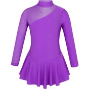 Resim Mor Çocuk Kız Bale Dans Leotard Mock Boyun Tül Ekleme Kesikler Geri Paten Sahne Performansı Elbise Giyim Mor 
