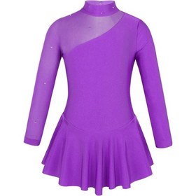 Resim Mor Çocuk Kız Bale Dans Leotard Mock Boyun Tül Ekleme Kesikler Geri Paten Sahne Performansı Elbise Giyim Mor 