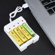 Resim AA, AAA ve Lityum-İyon Piller için Hızlı Şarj Özellikli Kompakt Beyaz Akıllı Pil Şarj Cihazı, 4 Yuva & Kırmızı LED Göstergeler, Kolay Pil Yönetimi için USB Güçlü Taşınabilir Tasarım, Çoklu Pil Tipleri, Düzenli Depolama 