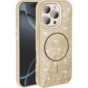 Resim Mobilzone iPhone 16 Pro Max Kılıf Magsafe Şarj Özellikli Parlayan Simli Zore Okso Kapak - Gold 