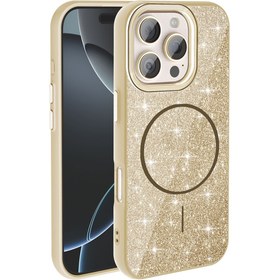 Resim Mobilzone iPhone 16 Pro Max Kılıf Magsafe Şarj Özellikli Parlayan Simli Zore Okso Kapak - Gold 