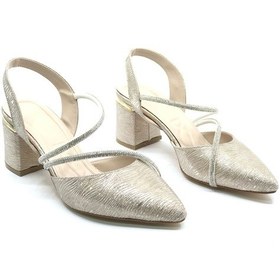 Resim Mehtap Çift Şerit Taşlı Kadın Abiye Topuklu Ayakkabı Altın-çupra 