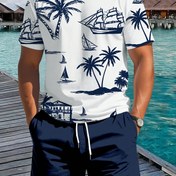 Resim 2 adet Erkek Yazlık Rahat Kısa Kollu & Şort Takımı - Hawaii Baskısı, Elastik Bel, Yuvarlak Yaka T-Shirt & Örgü Polyester Şort, Makinede Yıkanabilir, Açık Hava Aktiviteleri & Plaj Giyimleri, Plaj Giyimleri|Hawaii Baskısı|Esnek Kumaş 