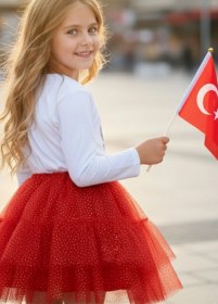 Resim Kız Çocuk Simli Kırmızı Tütü Etek Milli Bayramlara Özel Yaldızlı Astarlı Tütü Kız Çocuk Etek Kırmızı 