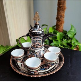 Resim Gül Çiçek Bakır Mırra Kahve Takımı Ve Cezve 