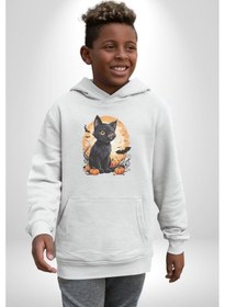 Resim Cadılar Bayramı Kedi Kadın Erkek Beyaz Kapüşonlu Sweatshirt Hoodie Beyaz 