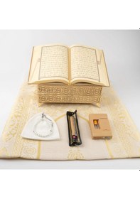 Resim Kuran + Seccade + Tesbih + Takke + Esans + Misvak Hediye Seti Orta Boy, Raşel Cilt, Gold 