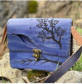 Resim Yaprak Desenli Deri Çanta Lacivert 