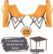 Resim Antrasit İskelet Hardal Kılıf Sandalye ve 50x50x50 CM Kahverengi Ahşap Katlanır Masa Seti Bag The Joy