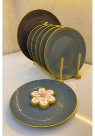 Resim Gold Kenarlı Gri Seramik Pasta Tabağı 7 Lı Set Modern Sofra Sunum Tabakları 21 Cm Çok Renkli 