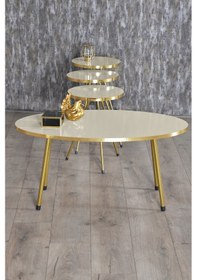 Resim Zigon Sehpa Ve Orta Sehpa Elips Gold Metal Ayak Gold Krem Set 