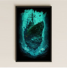 Resim Hayalet Gemi Ve Balık Sürüsü Temalı Karanlık Deniz Pleksi Tablo 