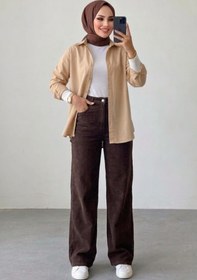 Resim Tesettür Diyarı Kadın Tokalı Baggy Kot Pantolon- Kahverengi 