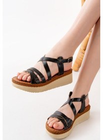 Resim 730-153 Siyah Ortopedik Hakiki Deri Dolgu Kadın Sandalet Siyah 