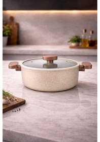 Resim Lavonni Valeria 20 Cm Granit Derin Tencere Silikon Kenarlı Cam Kapaklı Krem Granit Tencere Kahverengi 