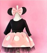 Resim Anne Kız Tasarım Pembe Puantiyeli Minnie Mouse Elbise (UZUN KOL) 