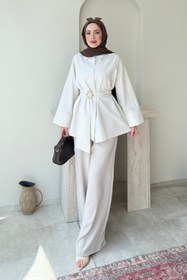 Resim Tesettür Diyarı Dekta Cotton Kumaş Broş Kemerli Tesettür Gömlek- Krem Standart (38-42 Uyumlu) 
