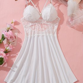 Resim Kadınlar için Şık Dantel Detaylı V Yaka Kayma Gecelik - Seksi Spagetti Askılı Uyku Giysisi, Ruffled Hem, Polyester ve Spandex Karışımı, Tüm Mevsim Konforu, Beyaz, Rahat veya Salon Giyim için Mükemmel, Spagetti Askılı Gecelik 