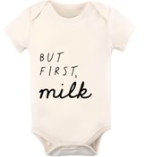 Resim GREY Bebek Body / Bebek Zıbın / Yarım Kol Bebek Zıbın / Baskılı Bebek Zıbın / But First Milk 