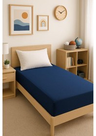 Resim 140 X 200 Cm Düz Pamuklu Tek Kişilik Lastikli Fitted Penye Çarşaf Lacivert 
