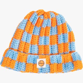 Resim Beanie Damalı Şapka - Turuncu-Açık Mavi 