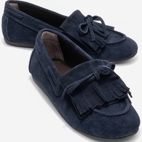 Resim Axelı Lacivert Süet Hakiki Deri Fiyonklu Saçaklı Kadın Loafer Ayakkabı Lacivert 