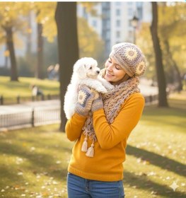 Resim Ressam Bereli Fular Eldiven Takımı , El Yapımı Bere Şal Set Sarı Geçişli 