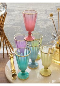 Resim 6 Lı Flüt Renkli Yaldızlı Kahve Yanı Su Bardağı Kadeh Kupa Bardak 