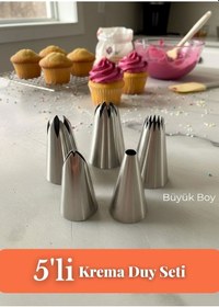 Resim Büyük Boy 5 Li Krema Duy Seti Paslanmaz Çelik Pasta, Cupcake Ve Tatlı Süsleme Uçları Set-1 Metalik Gri 