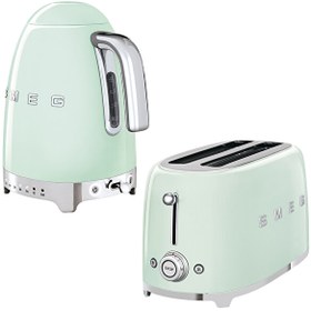 Resim TSF02PGEU 2x4 Pastel Yeşil Ekmek Kızartma Makinesi ve KLF04PGEU 1.7 L Isı Ayarlı Pastel Yeşil Kettle Set Smeg