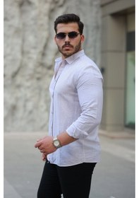 Resim Erkek Çizgi Desenli Uzun Kollu Pamuklu Keten Gömlek Taba 