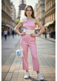 Resim Riccotarz Kız Çocuk Beli Şerit Ve Omuzunda Broş Detaylı Tek Omuz Pembe Tulum Pembe 