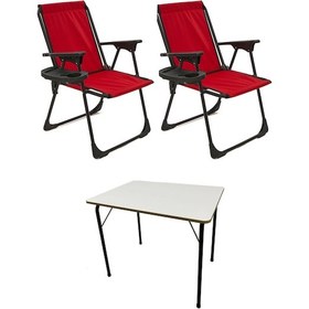 Resim Natura 2 Adet Kamp Sandalyesi Oval Bardaklık Kırmızı + MDF Masa Kırmızı 