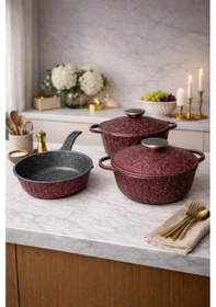 Resim Roma Serisi 5 Parça Mini Döküm Tencere Seti Bordo Alüminyum 