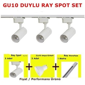 Resim Mini Ray Spot 3'lü Set Gu-10 Duylu Beyaz Kasa Beyaz Işık 3 Spot Lamba + 1 Mt Ray + 3 Gün Işığı Gu10 Led Ampul 