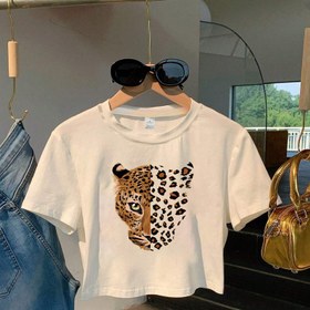 Resim Y2K Kadın Kısa Kollu Crew Neck Sweatshirt - Geometrik Kaplan Desenli Crop Üst, Esnek Polyester Dar Kesim Günlük Gömlek, Makinede Yıkanabilir, Tüm Mevsimler İçin, Leopar Baskılı Tasarım, Rahat Kumaş 