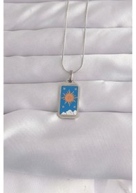 Resim 316l Çelik Gümüş Renk Mavi Mineli Güneş Model Tarot Kolye Çok Renkli 