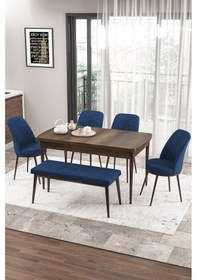 Resim Canisa Concept Zen Serisi 80x132 Mdf Açılabilir Barok Ahşap Desen Masa Takımı 4 Lacivert Sandalye Ve 1 Bench Barok Masa Sandalye Ve Bench Lacivert 