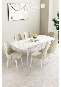 Resim Clara Beyaz Mermer Desen 80x132 Açılabilir Mdf Masa Yemek Odası Takımı,mutfak Takımı 6 Adet Sandalye Krem 