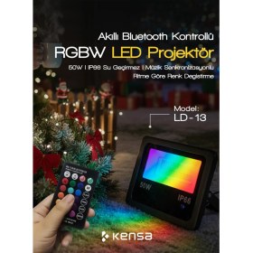 Resim Kensa Akıllı Rgbw LED Projektör 50W IP66 – Bluetooth + Kumandalı, 8 Sahne Modu, Müzik Senkron Işık 
