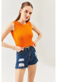 Resim Kadın Sıfır Kol Bisiklet Yaka Vücuda Oturan %100 Pamuklu Kaşkorse Esnek Crop Bluz Turuncu 