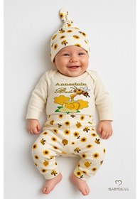 Resim Babyden's Annesinin Balı 3 Lü Yenidoğan Takım %100 Pamuk Uzun Kol Body,pantolon,bere Unisex Ekru 